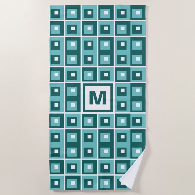Toalha De Praia Retro Blue Geometric Squares Pattern Monogram (Frente)