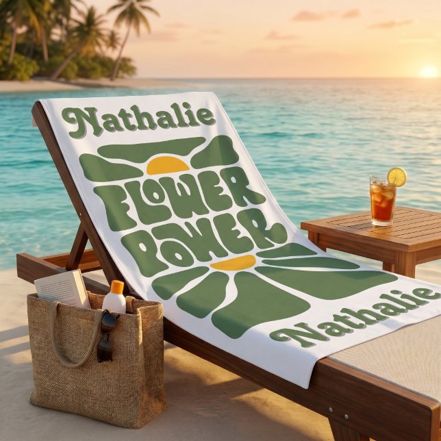 Toalha de Praia Retro com Nome - Presente Personal (Personalized Retro Beach Towel | Floral Name Gift)