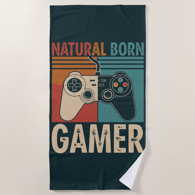 Toalha De Praia Retro Natural Born Gamer Funny (Frente)