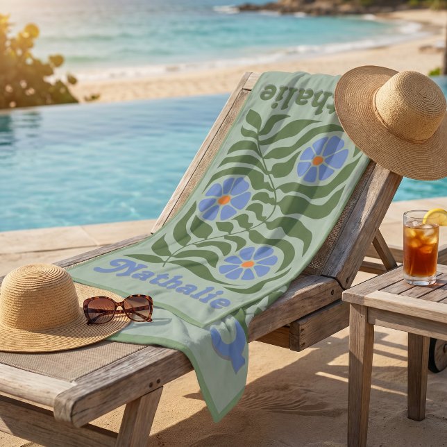 Toalha de Praia Retro Personalizada com Nome - Ver (Personalized Retro Beach Towel with Name - Green)