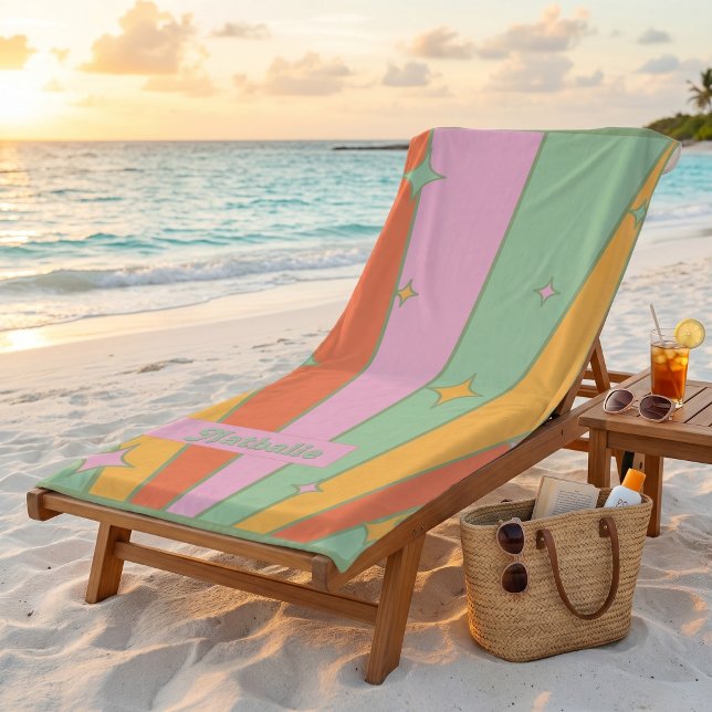Toalha de Praia Retro Personalizada com Nome - Ver (Personalized Retro Beach Towel | Floral Name Gift)
