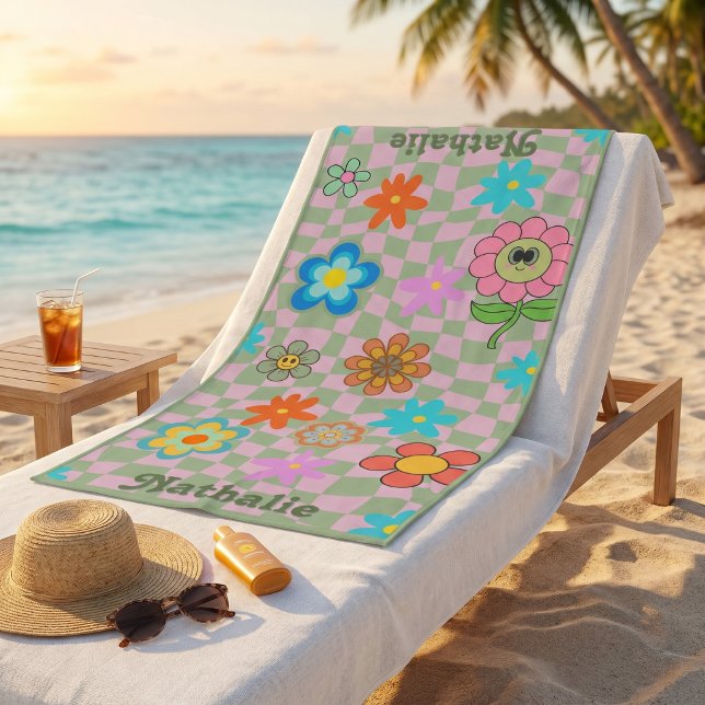 Toalha de Praia Retro Personalizada | Presente com (Personalized Retro Beach Towel | Floral Name Gift)
