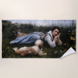 Toalha De Praia Reverioso (Garota deitada na grama com seu cachorr
