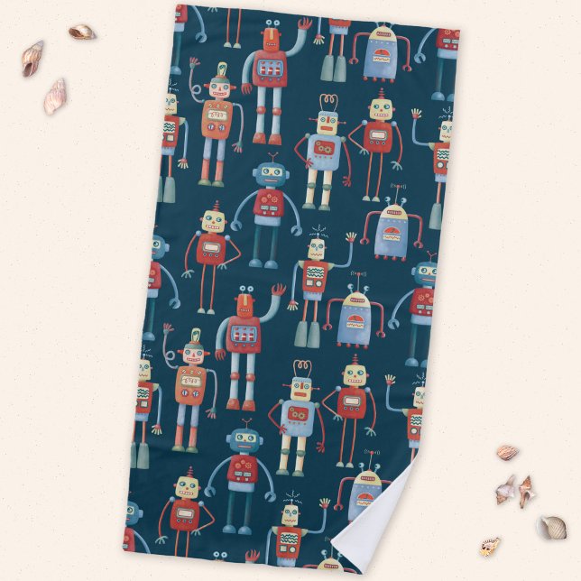 Toalha De Praia Robôs Retro dos Anos 50 (Retro robots fun beach towel)