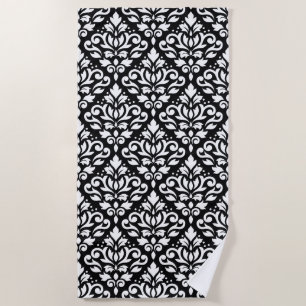 Toalha De Praia Rolar Damask Big Patterm White em Preto