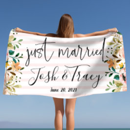 Toalha De Praia Rosa Corada Personalizada Floral Casados Recém-Cas