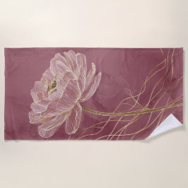 Toalha De Praia Rosa Desbotado Arte Linear Floral Elegante Dourado