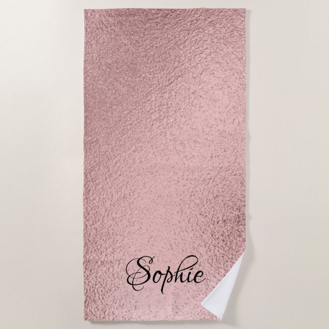 Toalha De Praia Rosa Dourada Glitter Girly Sparkle Nome Rosa Beach (Frente)