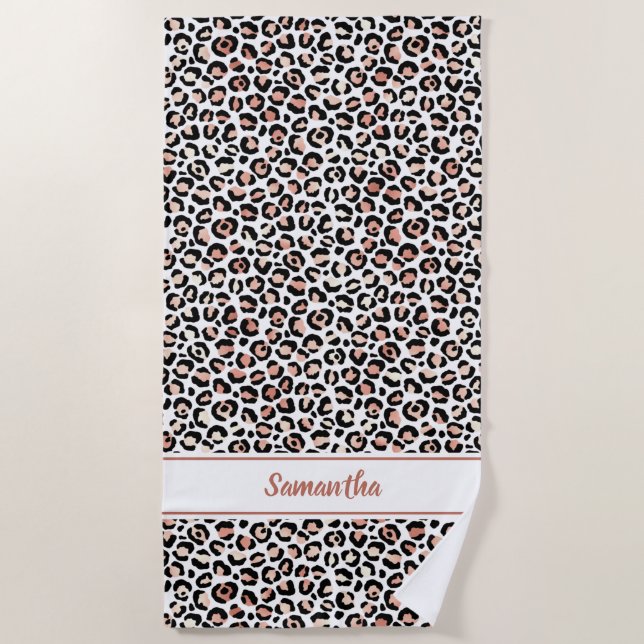 Toalha De Praia Rosa Dourado Estampa de Leopardo Personalizado (Frente)