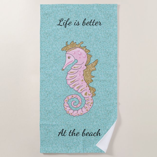 Toalha de praia, rosa e Dourada, com relva (Frente)