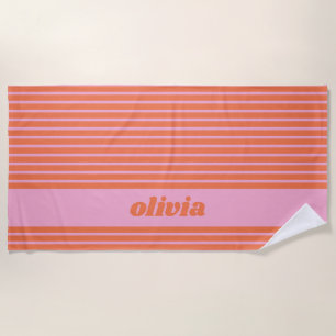 Toalha De Praia Rosa Laranja Listrado Personalizado de Verão Moder