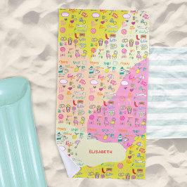Toalha De Praia Rosa Pastel Feminino Kawaii Doodle