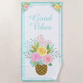 Toalha De Praia Rosas de abacaxi Buquê de boas vibrações Turquesa