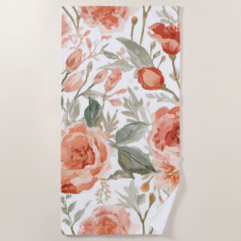 Toalha De Praia Rosas Laranja Aquarela Botânica Coral Floral