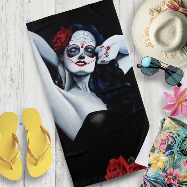 Toalha De Praia Rosas vermelhas de crânio de açúcar preto (Criador carregado)