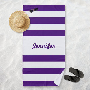 Toalha De Praia Roxo e Branco Listras Personalizado