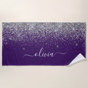 Toalha De Praia Roxo Silver Glitter Girly Glam Monograma