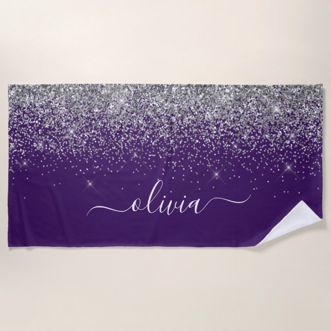 Toalha De Praia Roxo Silver Glitter Girly Glam Monograma (Frente)