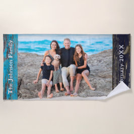 Toalha De Praia Rustic Blue Wood Family Name Photo