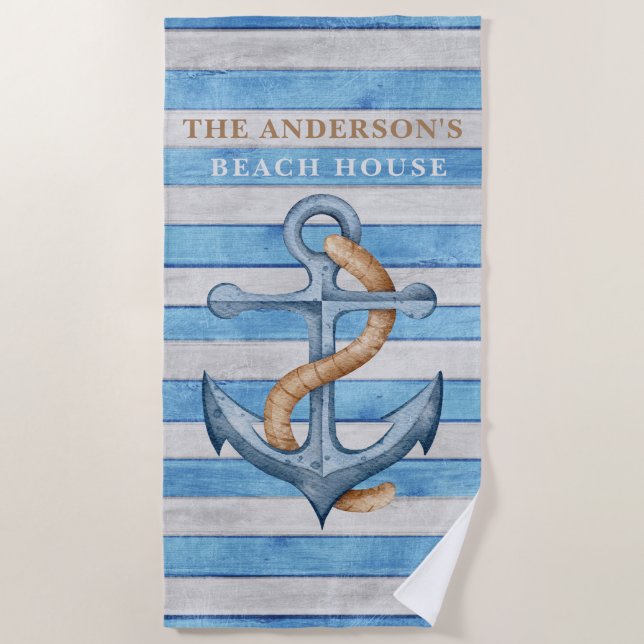 Toalha De Praia Rustic Wood Family Beach House Bandas Náuticas (Frente)