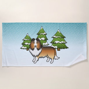 Toalha De Praia Sable Shetland Sheepdog Numa Floresta De Inverno