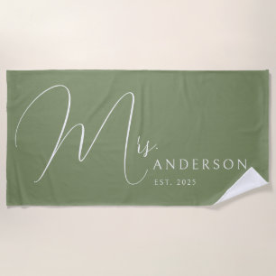 Toalha De Praia Sage Green Newlyweds Nome Personalizado Lua de mel