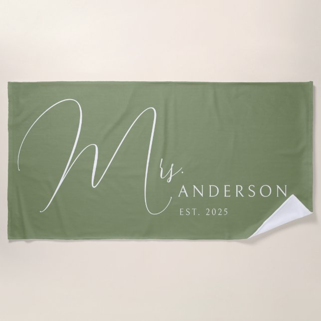 Toalha De Praia Sage Green Newlyweds Nome Personalizado Lua de mel (Frente)