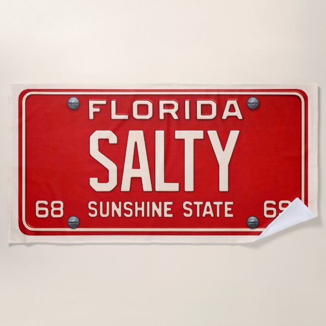 Toalha De Praia Salty 1969 | Red Retro Florida License Plate Surf (Frente)