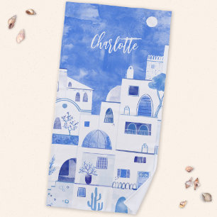 Toalha De Praia Santorini Oia Ilha Grega Aquarela Personalizada