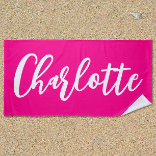 Toalha De Praia Script de Letra Branca e Rosa Quente