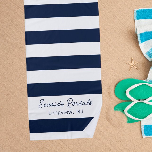 Toalha De Praia script de nome das faixas brancas azuis do marinho (Criador carregado)