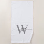 Toalha De Praia Script de Nome do Monograma da Cinza Branca na mod<br><div class="desc">Na moda Moderno, feminino, branco e monograma, com nome inicial, Manuscrito de assinatura Manuscrito personalizado de Summer Beach Towel. Apresentando um primeiro nome em uma tipografia de fontes (ou caligrafia) bonito com letras maiúsculas e cinzas à mão com letras maiúsculas e preto em branco. Excelente presente de lar feminino, também...</div>