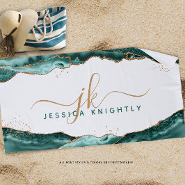 Toalha De Praia Script Monograma Dourado Glitter Agate Teal Turquo