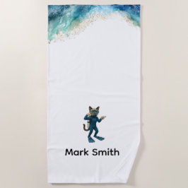 Toalha De Praia Scuba Cat Diving Blue Wet Suit with your name