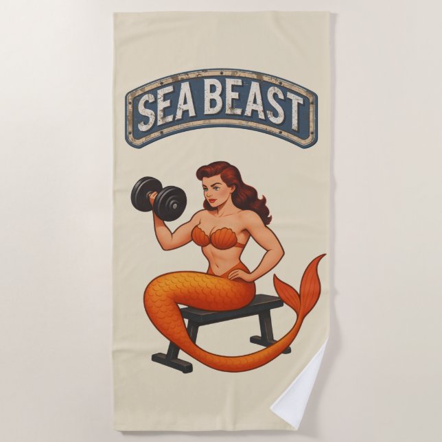 Toalha De Praia Sea Beast Gym Mermaid | Retro Pin-Up Workout Gear (Frente)