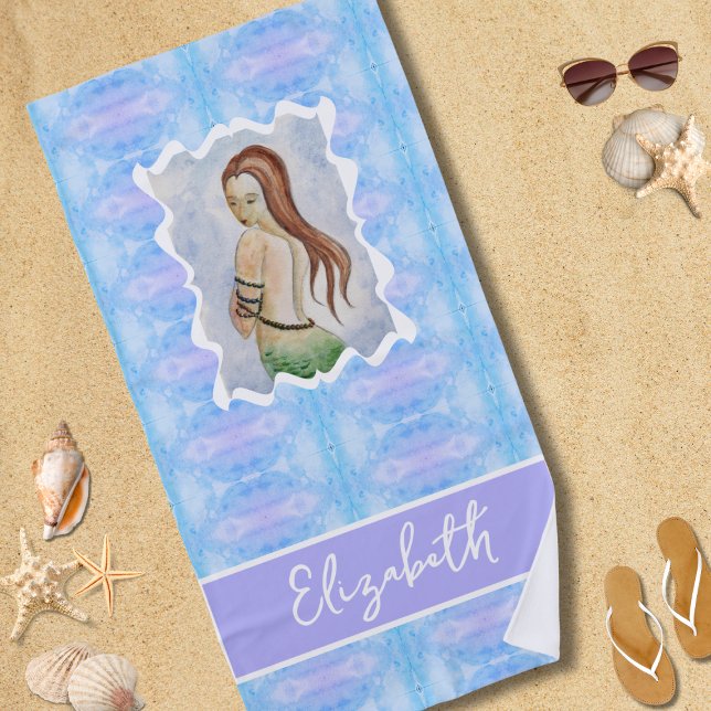 Toalha De Praia Sereia Boho Aquarela Personalizada (Criador carregado)