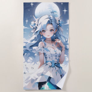 Toalha De Praia Sereia com Cabelo Azul num Vestido Azul