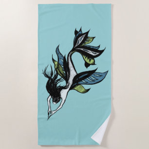 Toalha De Praia Sereia Gótica - Belo Desenho de Tinta Verde Azul