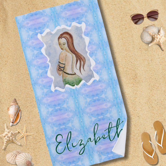 Toalha De Praia Sereia Personalizada em Aquarela Boho (Criador carregado)