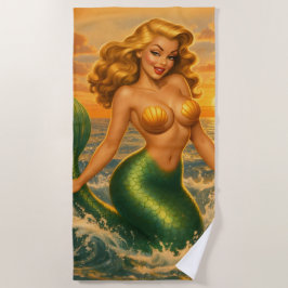 Toalha De Praia Sereia Pin-Up Loira da Praia | Mermaidcore Costeir