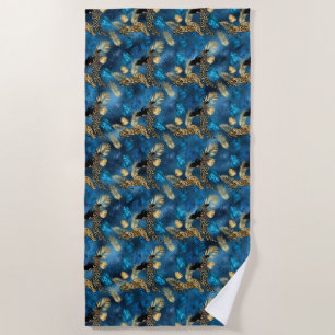 Toalha De Praia Série Leopardo Azul e Dourado Design 6