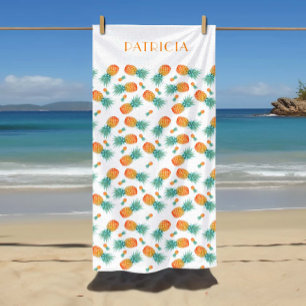 Toalha De Praia Seu Nome Em Um Padrão De Frutas Tropicais De Abaca