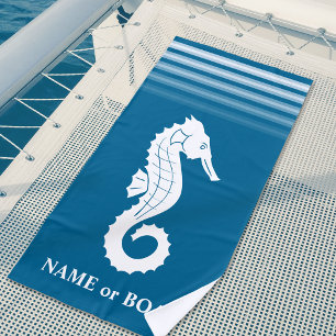 Toalha De Praia Seu nome ou Boat Seahorse Aqua Blue Stripes