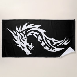 Toalha De Praia Silhueta de Dragão Tribal em Preto e Branco Ousado