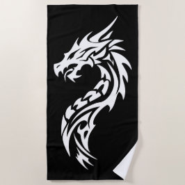 Toalha De Praia Silhueta de Dragão Tribal em Preto e Branco Ousado