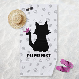 Toalha De Praia Silhueta de Gato Preto Borboleta Rosa na Cauda e P