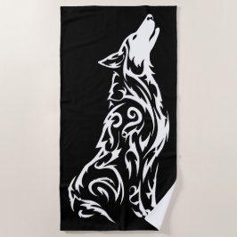 Toalha De Praia Silhueta Tribal do Lobo Uivando Preto Branco