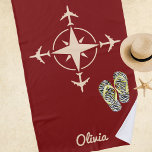Toalha De Praia Simple Modern Compass and Airplane Travel Custom<br><div class="desc">Imagine showcasing your passion for Aviation or Travel with this simple. modern beach towel. Design features airplanes flying in many different directions from a compass. Customize it with your name or initials, change the default dark red background color, or change the color of compass image from cream color to your...</div>