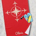 Toalha De Praia Simple Modern Compass and Airplane Travel Custom<br><div class="desc">Imagine showcasing your passion for Aviation or Travel with this simple. modern beach towel. Design features airplanes flying in many different directions from a compass. Customize it with your name or initials, change the default red background color, or change the color of compass image from cream color to your favorite...</div>