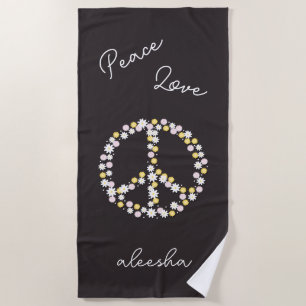 Toalha De Praia Sinal de Paz Floral Personalizado Paz Amor